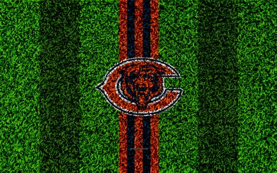 Chicago Bears, logo, 4k, grass texture, emblem, football lawn, orange blue lines, National Football League, NFL, Chicago, USA, American football