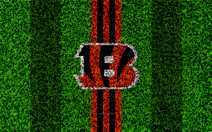 Cincinnati Bengals, logo, 4k, grass texture, emblem, football lawn, orange black lines, National Football League, NFL, Cincinnati, Ohio, USA, American football