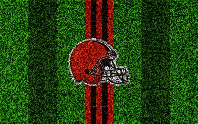 Cleveland Browns, logo, 4k, grass texture, emblem, football lawn, orange brown lines, National Football League, NFL, Cleveland, Ohio, USA, American football