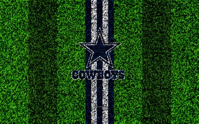 Dallas Cowboys, logo, 4k, grass texture, emblem, football lawn, blue-white lines, National Football League, NFL, Arlington, Texas, USA, American football