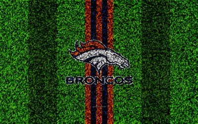 Denver Broncos, logo, 4k, grass texture, emblem, football lawn, blue orange lines, National Football League, NFL, Denver, Colorado, USA, American football