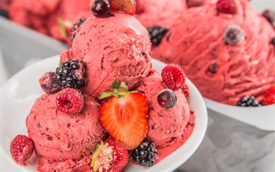fruit ice cream, strawberries, forest berries, dessert, sweets, ice cream