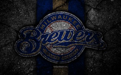 4k, de los Cerveceros de Milwaukee, logotipo, MLB, b&#233;isbol, estados UNIDOS, piedra negra, de la Liga Mayor de B&#233;isbol, asfalto textura, arte, club de b&#233;isbol, de los Cerveceros de Milwaukee logotipo