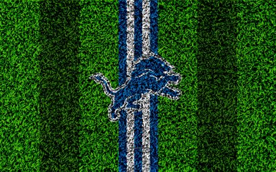 Detroit Lions, logo, 4k, grass texture, emblem, football lawn, blue white lines, National Football League, NFL, Detroit, Michigan, USA, American football
