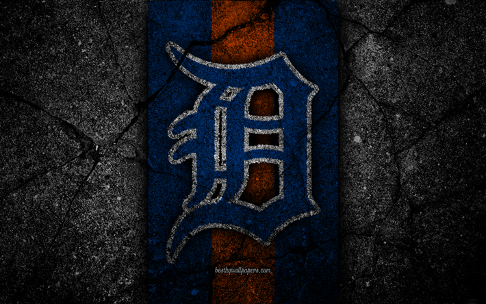 4k, Detroit Tigers, logo, MLB, baseball, USA, black stone, Major League Baseball, asphalt texture, art, baseball club, Detroit Tigers logo