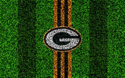 Green Bay Packers, logo, 4k, grass texture, emblem, football lawn, yellow green lines, National Football League, NFL, Green Bay, Wisconsin, USA, American football