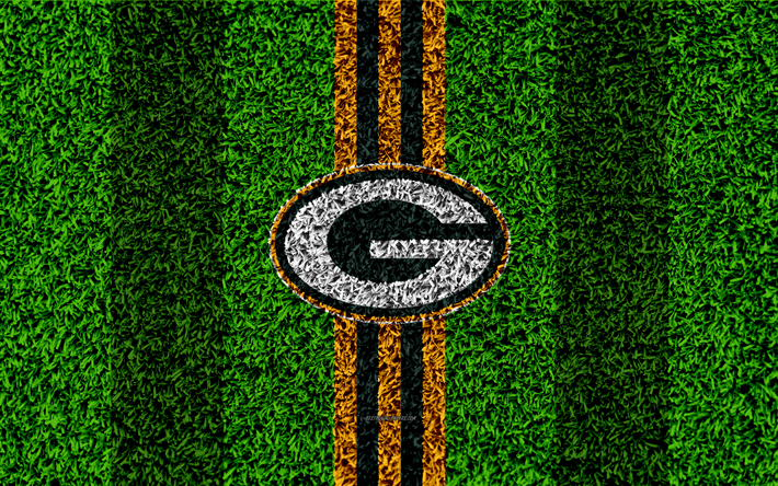 Green Bay Packers, logo, 4k, grass texture, emblem, football lawn, yellow green lines, National Football League, NFL, Green Bay, Wisconsin, USA, American football