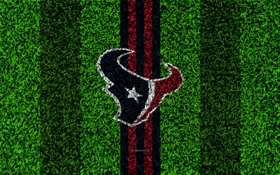 Houston Texans, logo, 4k, grass texture, emblem, football lawn, blue red lines, National Football League, NFL, Houston, Texas, USA, American football