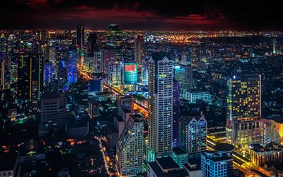 Bangkok, metropol, stadsbilder, moderna byggnader, natt, Thailand, Asien, huvudstaden i Thailand