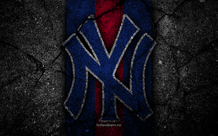 4k, new york yankees, logo, mlb, baseball, usa, schwarz-stein, major league baseball, asphalt textur, der kunst, der baseball club new york yankees logo