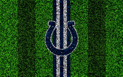 Indianapolis Colts, logo, 4k, grass texture, emblem, football lawn, blue-white lines, National Football League, NFL, Indianapolis, Indiana, USA, American football