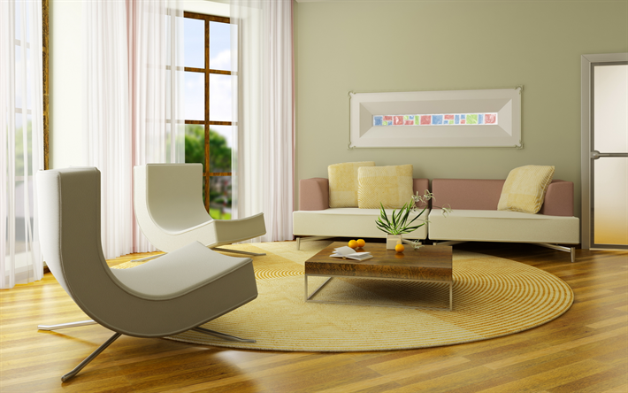 elegante dise&#241;o interior, sala de estar, el minimalismo, creativo, sillones, interiores modernos