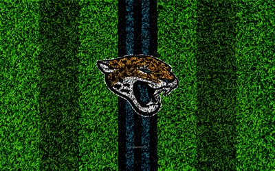 Jacksonville Jaguars, logo, 4k, grass texture, emblem, football lawn, black blue lines, National Football League, NFL, Jacksonville, Florida, USA, American football