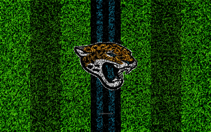 Jacksonville Jaguars, logo, 4k, grama textura, emblema, futebol gramado, preto azul linhas, A Liga Nacional De Futebol, NFL, Jacksonville, Fl&#243;rida, EUA, Futebol americano