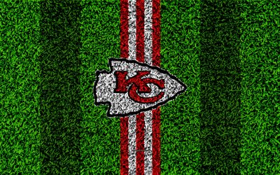 Kansas City Chiefs, logo, 4k, grass texture, emblem, football lawn, red white lines, National Football League, NFL, Kansas City, Missouri, USA, American football