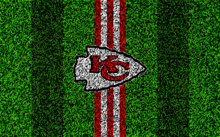 Kansas City Chiefs, logo, 4k, grama textura, emblema, futebol gramado, vermelho branco linhas, A Liga Nacional De Futebol, NFL, Kansas City, Missouri, EUA, Futebol americano