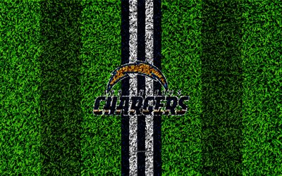 Los Angeles Chargers, logo, 4k, grass texture, emblem, football lawn, blue-white lines, National Football League, NFL, Los Angeles, USA, American football