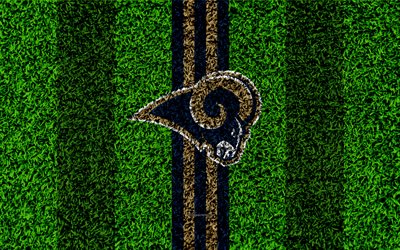 Los Angeles Rams, logo, 4k, ruohon rakenne, tunnus, jalkapallo nurmikko, sininen kulta linjat, National Football League, NFL, Los Angeles, California, USA, Amerikkalainen jalkapallo