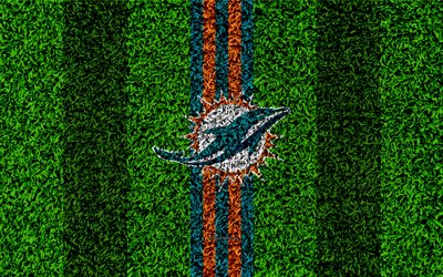 Miami Dolphins, logo, 4k, grass texture, emblem, football lawn, green orange lines, National Football League, NFL, Miami, Florida, USA, American football