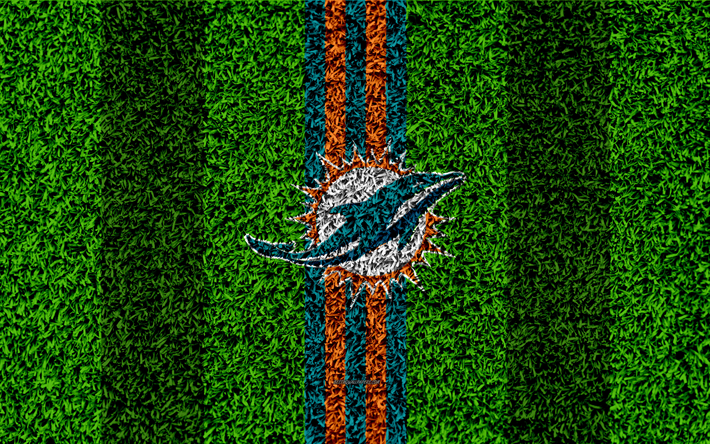 O Miami Dolphins, logo, 4k, grama textura, emblema, futebol gramado, verde laranja, A Liga Nacional De Futebol, NFL, Miami, Fl&#243;rida, EUA, Futebol americano