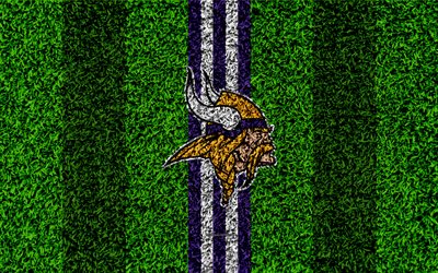 Minnesota Vikings, logo, 4k, ruohon rakenne, tunnus, jalkapallo nurmikko, violetti valkoisia viivoja, National Football League, NFL, Minneapolis, Minnesota, USA, Amerikkalainen jalkapallo