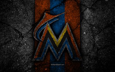 4k, les Miami Marlins, logo, MLB, le baseball, etats-unis, la pierre noire, de la Ligue Majeure de Baseball, la texture de l&#39;asphalte, de l&#39;art, club de baseball, les Miami Marlins logo