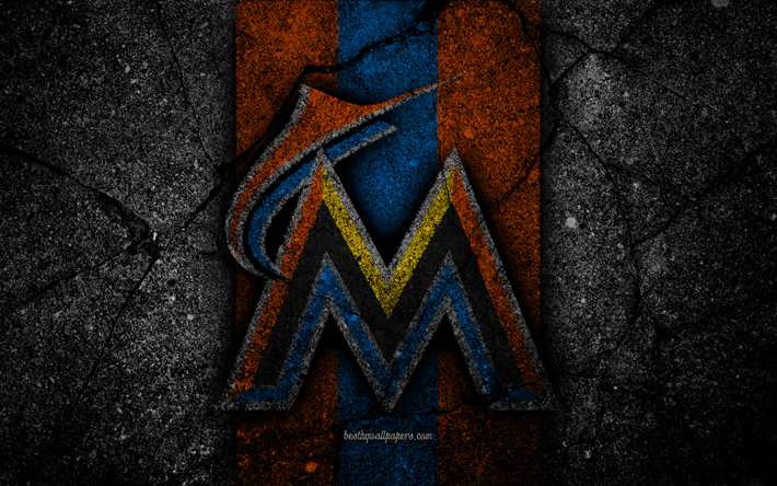 4k, Miami Marlins, logo, MLB, baseball, USA, musta kivi, Major League Baseball, asfaltti rakenne, art, baseball club, Miami Marlins-logo