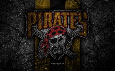 4k, Pittsburgh Pirates, logo, MLB, baseball, USA, black stone, Major League Baseball, asphalt texture, art, baseball club, Pittsburgh Pirates logo