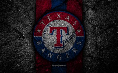 4k, Texas Rangers, logo, MLB, baseball, USA, pietra nera, Major League di Baseball, asfalto, texture, arte, squadra di baseball dei Texas Rangers logo
