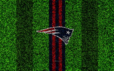 New England Patriots, logo, 4k, erba texture, emblema, calcio prato, blu, rosso, linee, Lega Nazionale di Football americano, NFL, New England, stati UNITI, football Americano