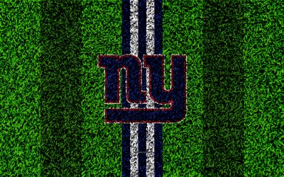 New York Giants, logo, 4k, erba texture, emblema, calcio prato, bianco-blu, linee, Lega Nazionale di Football americano, NFL, East Rutherford, New Jersey, il football Americano