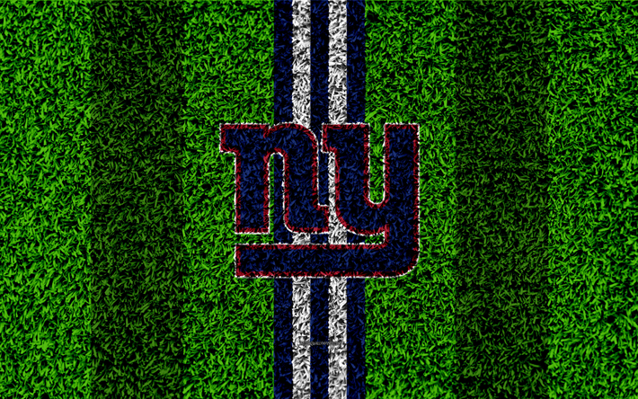 new york giants logo, 4k -, gras-textur, emblem, fu&#223;ball-rasen, blau-wei&#223;-linien, national football league, nfl, east rutherford, new jersey, american football