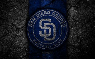 4k, San Diego Padres, logo, MLB, baseball, USA, black stone, Major League Baseball, asphalt texture, art, baseball club, San Diego Padres logo