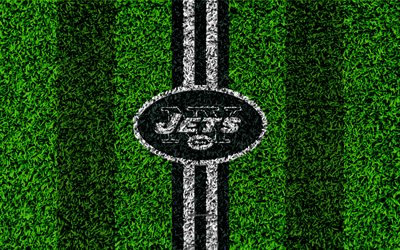 New York Jets, logo, 4k, grass texture, emblem, football lawn, green white lines, National Football League, NFL, New York, USA, American football