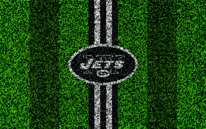 Jets de New York, logo, 4k, de l&#39;herbe, de la texture, de l&#39;embl&#232;me de football gazon, vert, blanc lignes de la Ligue Nationale de Football, NFL, New York, &#233;tats-unis, le football Am&#233;ricain