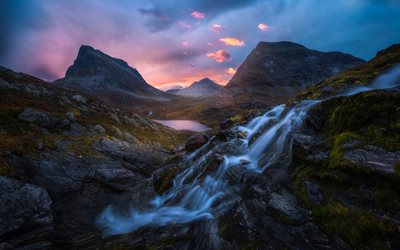 mountain river, sunset, rocks, evening, Romsdalen, Norway