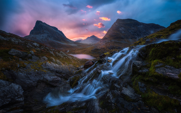 monta&#241;a, r&#237;o, puesta del sol, las rocas, tarde, puesta de sol, Romsdalen, Noruega