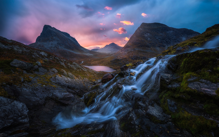 berg, fluss, sonnenuntergang, felsen, abend, romsdalen, norwegen