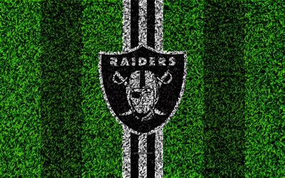 Oakland Raiders, logo, 4k, erba texture, emblema, calcio prato, linee bianche e nere, Lega Nazionale di Football americano, NFL, Oakland, California, stati UNITI, football Americano