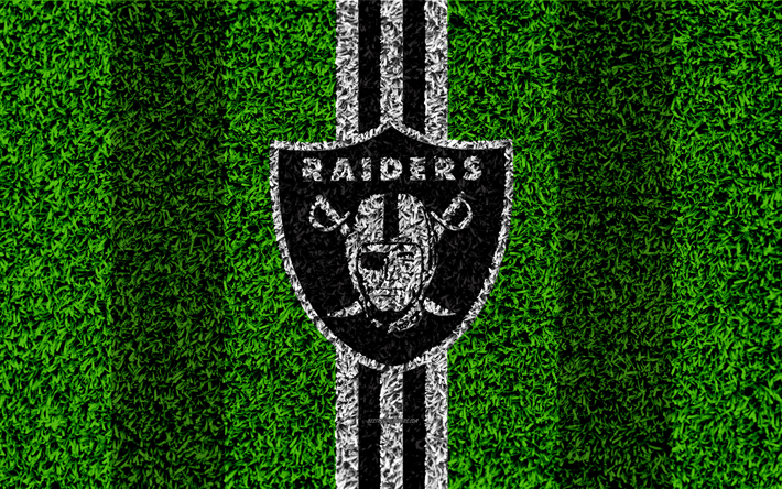 O Oakland Raiders, logo, 4k, grama textura, emblema, futebol gramado, linhas pretas e brancas, A Liga Nacional De Futebol, NFL, Oakland, Calif&#243;rnia, EUA, Futebol americano
