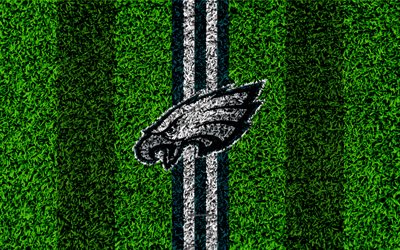 Philadelphia Eagles, logo, 4k, grass texture, emblem, football lawn, green white lines, National Football League, NFL, Philadelphia, Pennsylvania, USA, American football
