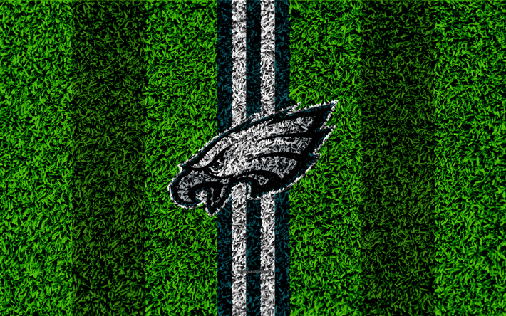 Philadelphia Eagles, logo, 4k, grama textura, emblema, futebol gramado, verde branco linhas, A Liga Nacional De Futebol, NFL, Filad&#233;lfia, Pensilv&#226;nia, EUA, Futebol americano