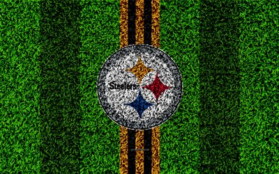 Pittsburgh Steelers, logo, 4k, grass texture, emblem, football lawn, yellow black lines, National Football League, NFL, Pittsburgh, Pennsylvania, USA, American football