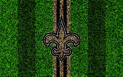 New Orleans Saints, logo, 4k, grass texture, emblem, football lawn, gold gray lines, National Football League, NFL, New Orleans, Louisiana, USA, American football