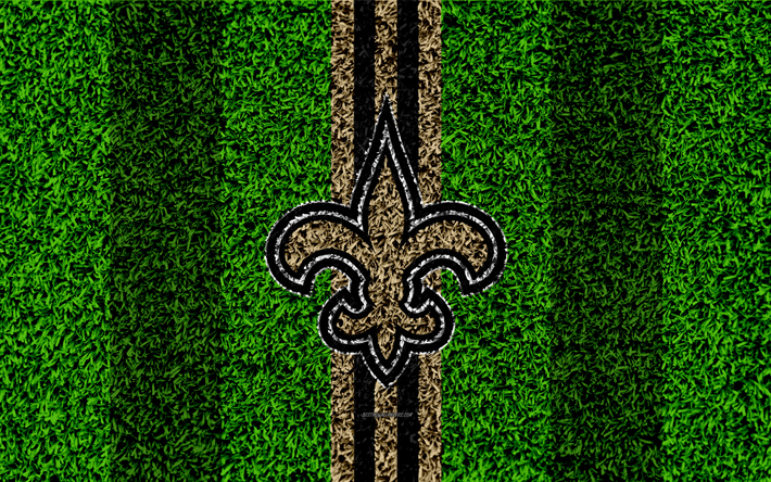 New Orleans Saints, logo, 4k, grass texture, emblem, football lawn, gold gray lines, National Football League, NFL, New Orleans, Louisiana, USA, American football