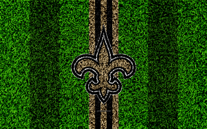 New Orleans Saints, logo, 4k, erba texture, emblema, calcio prato, oro, grigio, linee, Lega Nazionale di Football americano, NFL, New Orleans, Louisiana, stati UNITI, football Americano