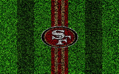San Francisco 49ers, logo, 4k, erba texture, emblema di calcio, prato, rosso a righe oro, Lega Nazionale di Football americano, NFL, San Francisco, California, stati UNITI, football Americano
