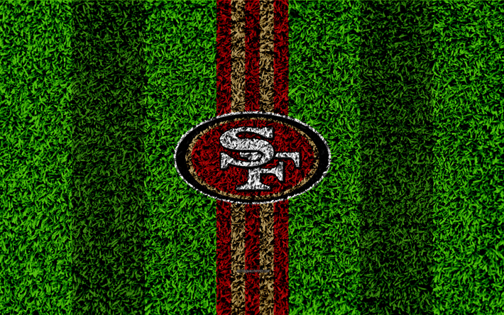 San Francisco 49ers, logo, 4k, ruohon rakenne, tunnus, jalkapallo nurmikko, punainen kulta linjat, National Football League, NFL, San Francisco, California, USA, Amerikkalainen jalkapallo