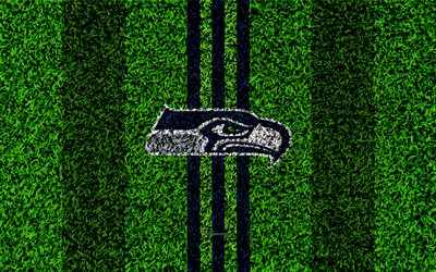 Seattle Seahawks, logo, 4k, grass texture, emblem, football lawn, blue green lines, National Football League, NFL, Seattle, Washington, USA, American football
