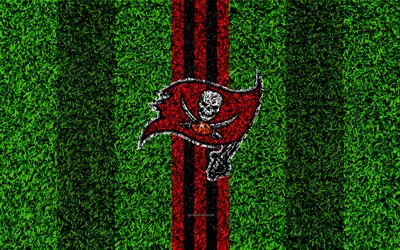 Tampa Bay Buccaneers, logo, 4k, grama textura, emblema, futebol gramado, vermelho preto linhas, A Liga Nacional De Futebol, NFL, Tampa, Fl&#243;rida, EUA, Futebol americano